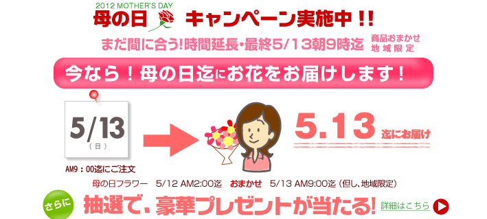 早得キャンペーン 2012 MOTHER DAY | 5.5（水）までにご注文いただくと、母の日当日またはご希望日にご注文のお花をお届けします！