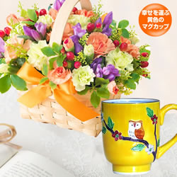 秋のバスケットと黄交趾ふくろう マグカップ