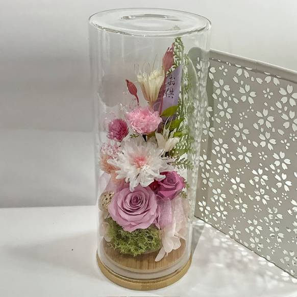 お供え、仏花のプリザーブドフラワー ガラスボトル桃扇｜花