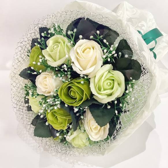 一般カテゴリー,フラワーソープの花束　グリーン&ホワイト　クリアケース入り,はなせん