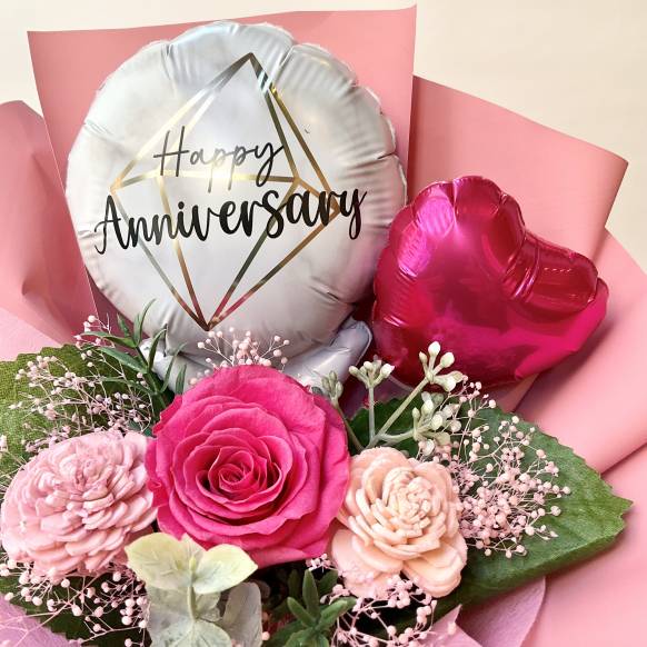 一般カテゴリー,ローズスタンディングブーケHappy Anniversaryバルーン ピンク 【P-172】,銀座ニューフラワー