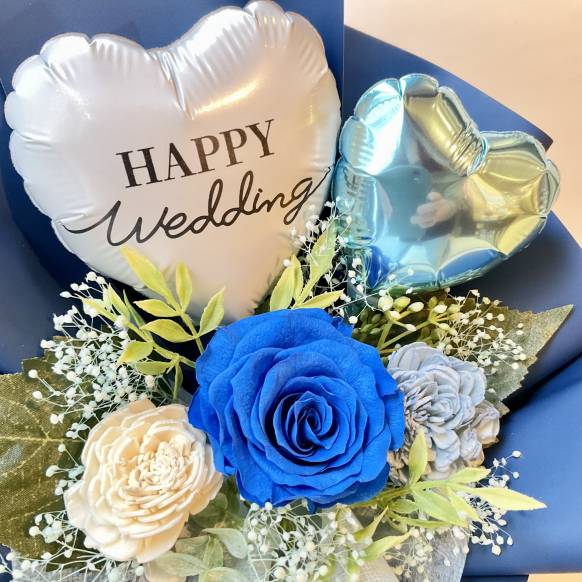 一般カテゴリー,ローズスタンディングブーケ  Happy Weddingバルーン ブルー【P-178】,銀座ニューフラワー