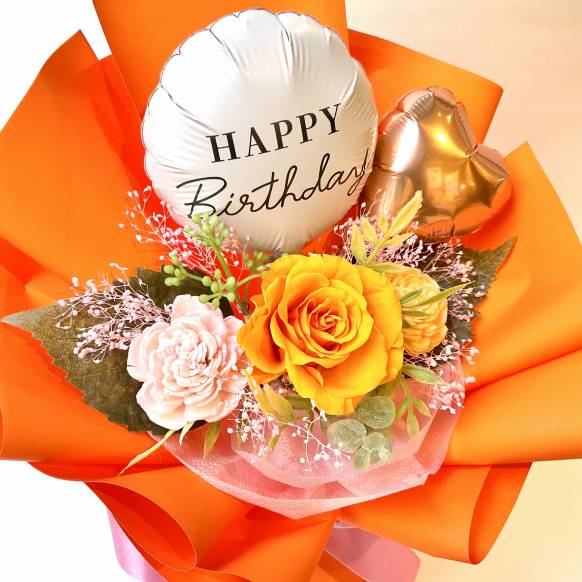 一般カテゴリー,ローズスタンディングブーケHappyBirthdayバルーン オレンジ 【P-171】,銀座ニューフラワー
