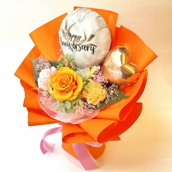 一般カテゴリー,ローズスタンディングブーケHappy Anniversaryバルーン　オレンジ  【P-193】,銀座ニューフラワー