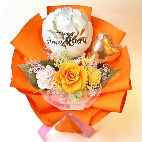 一般カテゴリー,ローズスタンディングブーケHappy Anniversaryバルーン　オレンジ  【P-193】,銀座ニューフラワー