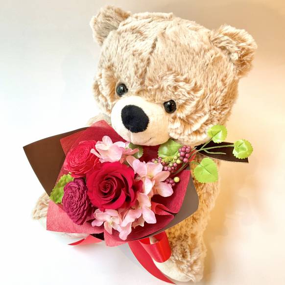 お取り寄せ オリジナルフラワー ローズブーケくまちゃん レッド【P-236