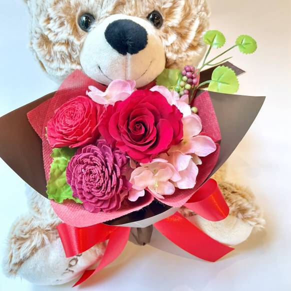 お取り寄せ オリジナルフラワー ローズブーケくまちゃん レッド【P-236