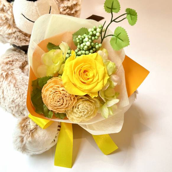 お取り寄せ オリジナルフラワー ローズブーケくまちゃん イエロー【P