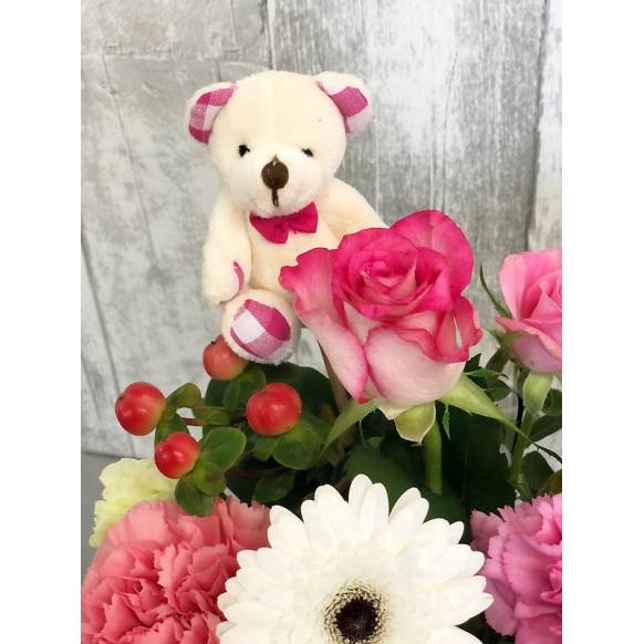 お取り寄せ オリジナルフラワー ピンク系＊ぬいぐるみアレンジ｜花