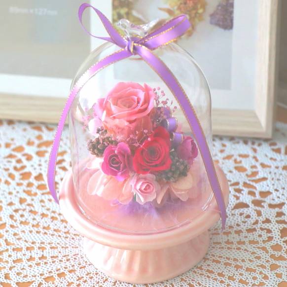 《Preserved Flower》Glass Birddome（Elegant Pink）（お祝い）プリザーブドフラワー特集(宅配)