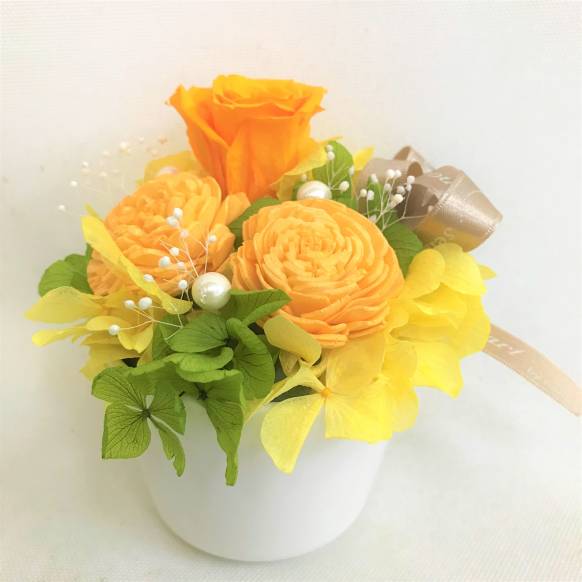 オレンジバラのプリザーブドフラワー白陶器　クリアケース付き一般カテゴリー