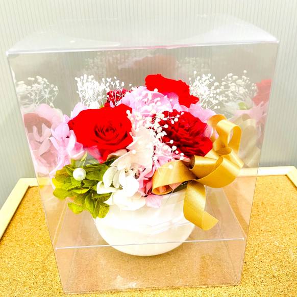一般カテゴリー,赤バラのボリュームのあるプリザーブドフラワー　クリアケース付き　白陶器,ポピー