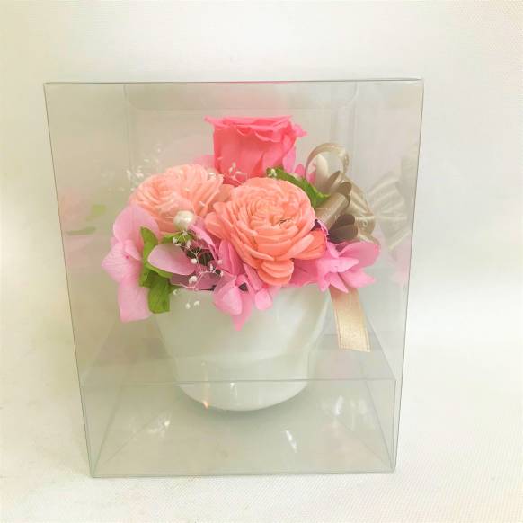 一般カテゴリー,ピンクバラのプリザーブドフラワー白陶器 クリアケース付き,ポピー