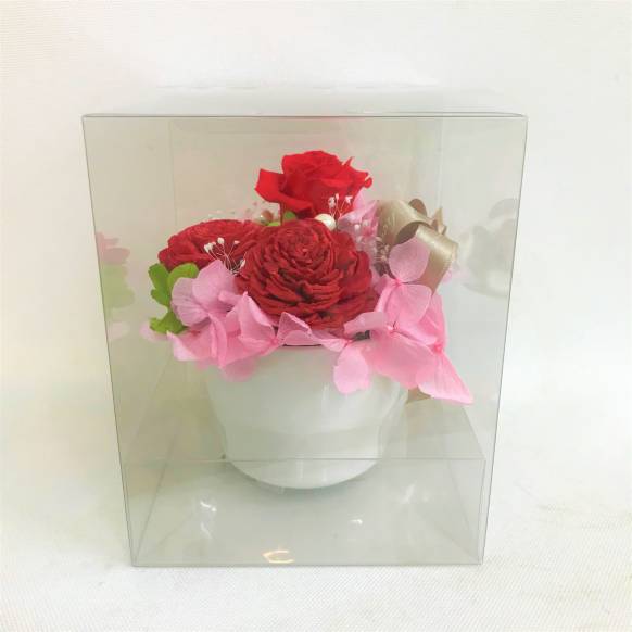 一般カテゴリー,赤バラのプリザーブドフラワー白陶器 クリアケース付き,ポピー